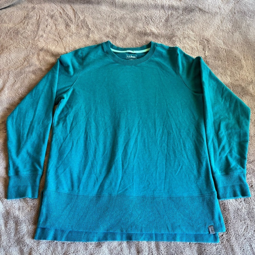 LL Bean Signature Textured Tunic Sweatshirt Teal Green Thumbhole Cuffs 510661 L